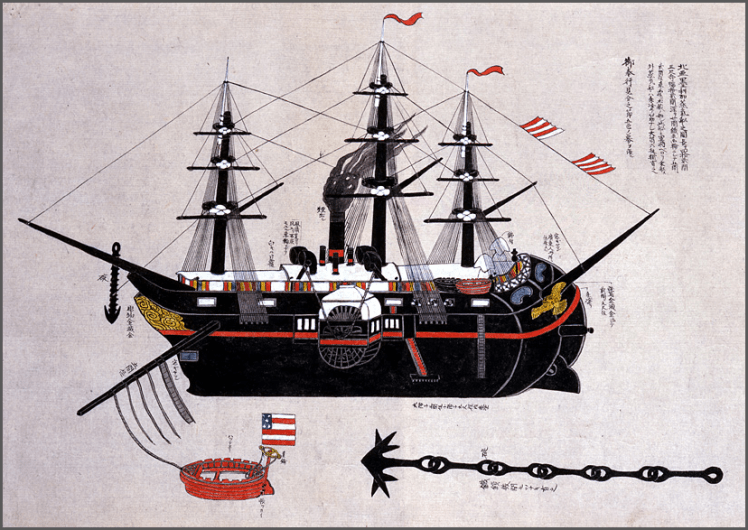 Zeitgenössische japanische Darstellung der USS Powhatan, eines der Schiffe der Perry-Flotte © Ryosenji Treasure Museum